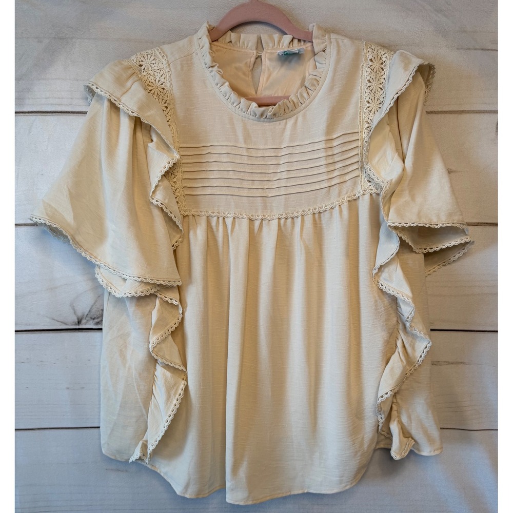 Shop the Mint Cream Lace Flutter Sleeve Ruffle Pintuck Blouse T18781 Womens M